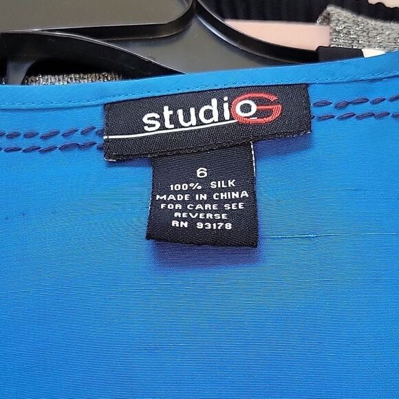 STUDIO G Raw Silk Blouse Peacock Blue Size 6 - Picture 8 of 9